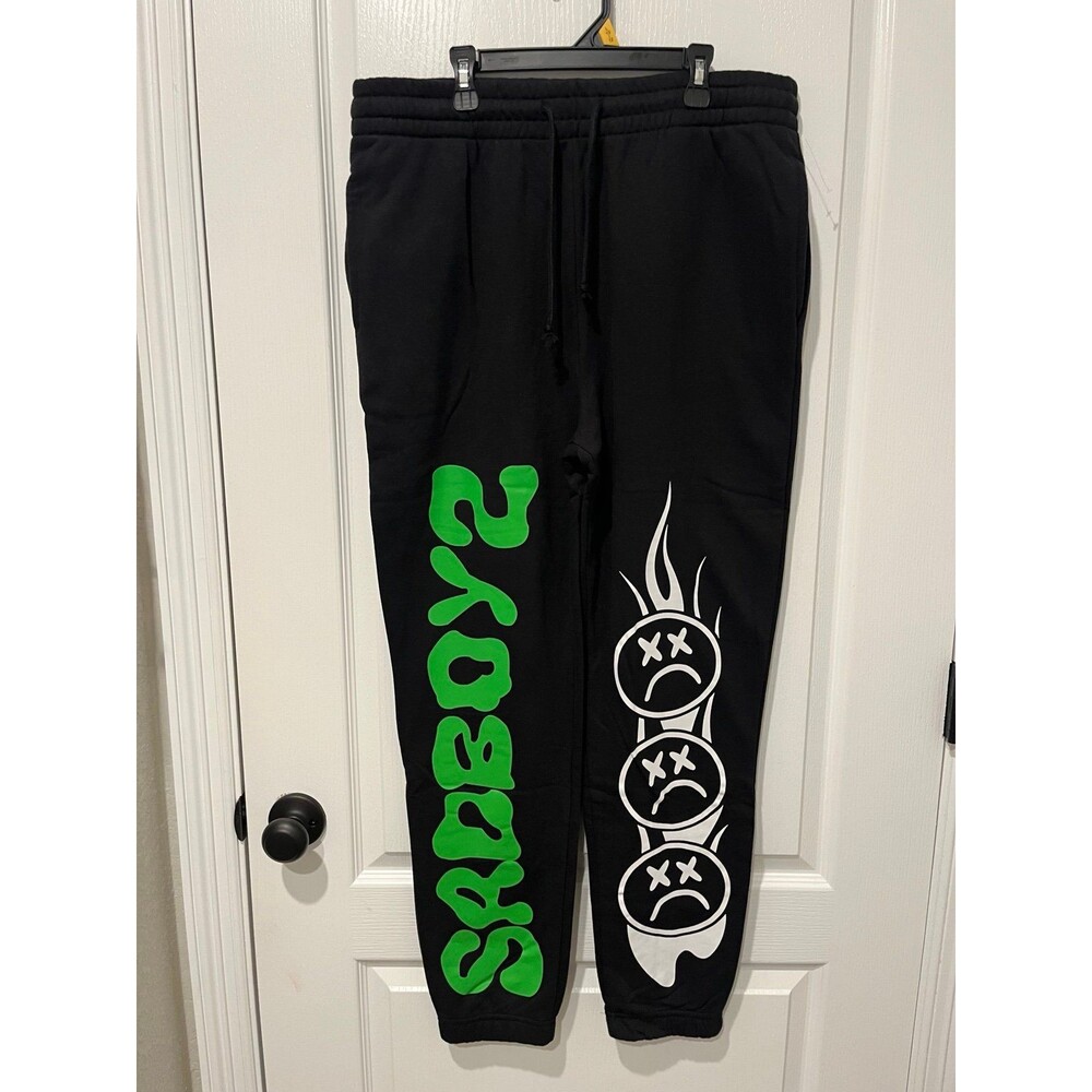 NWOT Sad Boyz Black Graphic Jogger Sweatpants Green Logo Size Large